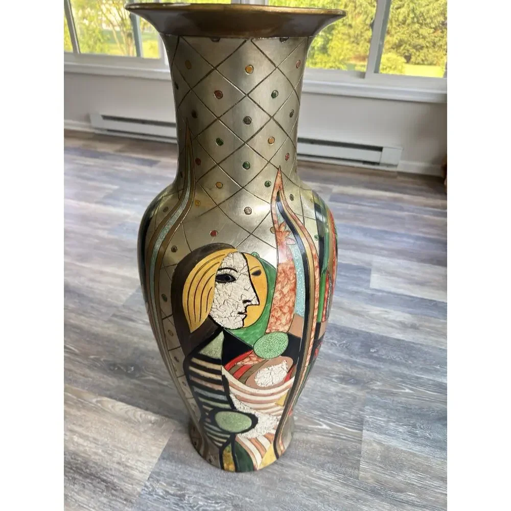 Picasso Inspired Cubist Faces Floor Vase Multicolor Inset Mosaic Art 35” Tall
